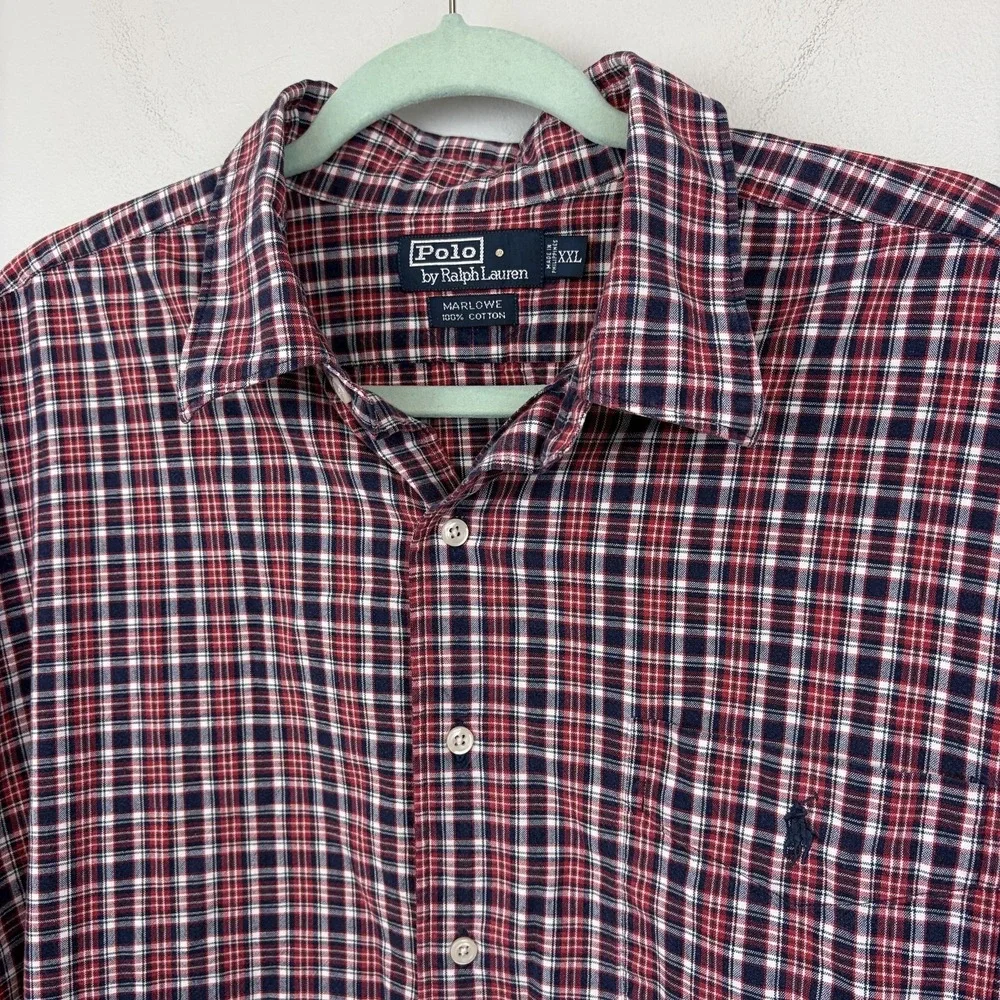 Polo Ralph Lauren Shirt Mens 2XL Red Blue Plaid Marlowe Button Front Cotton